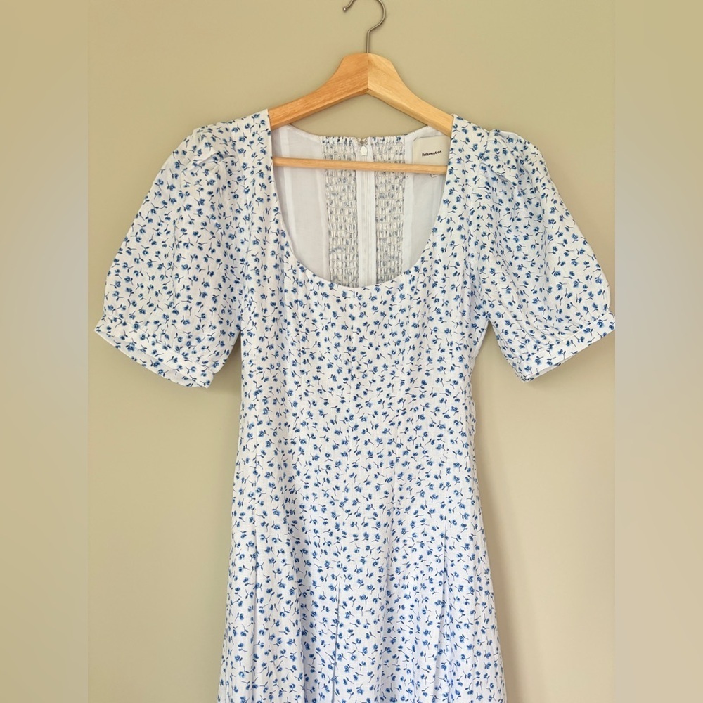 NEW Reformation Coucou Midi Linen Dress Hanna White Blue Floral | US 4 UK 8 - Picture 10 of 16